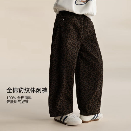 110-160cm 低調復古豹紋闊腿褲|個性單品