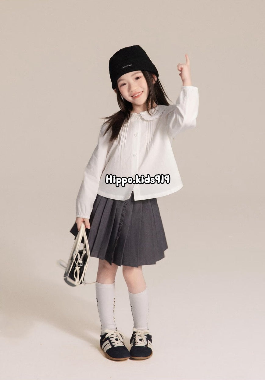 110-160cm女童長袖娃娃領白襯衫|正式休閒皆可