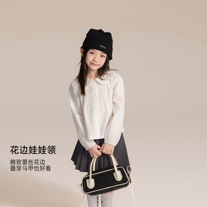 110-160cm女童長袖娃娃領白襯衫|正式休閒皆可