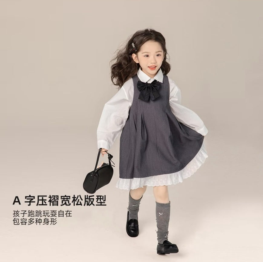 110-160cm女童灰色背心連身裙| 中大童無袖洋裝 A字壓褶 鋼琴發表會 畢業典禮|正式穿搭正式穿搭