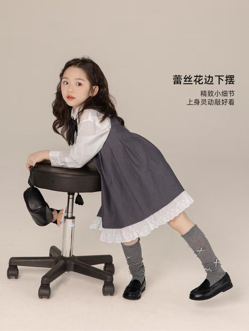 110-160cm女童灰色背心連身裙| 中大童無袖洋裝 A字壓褶 鋼琴發表會 畢業典禮|正式穿搭正式穿搭