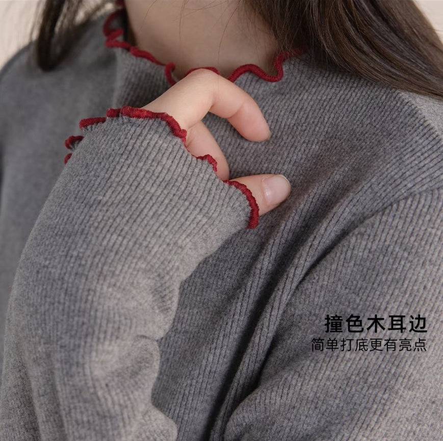 110-160cm 女童.中大童|慕斯絨木耳邊長袖打底衫