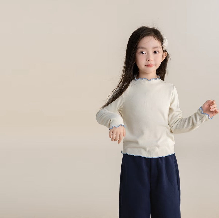 110-160cm 女童.中大童|慕斯絨木耳邊長袖打底衫
