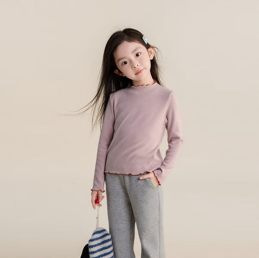 110-160cm 女童.中大童|慕斯絨木耳邊長袖打底衫