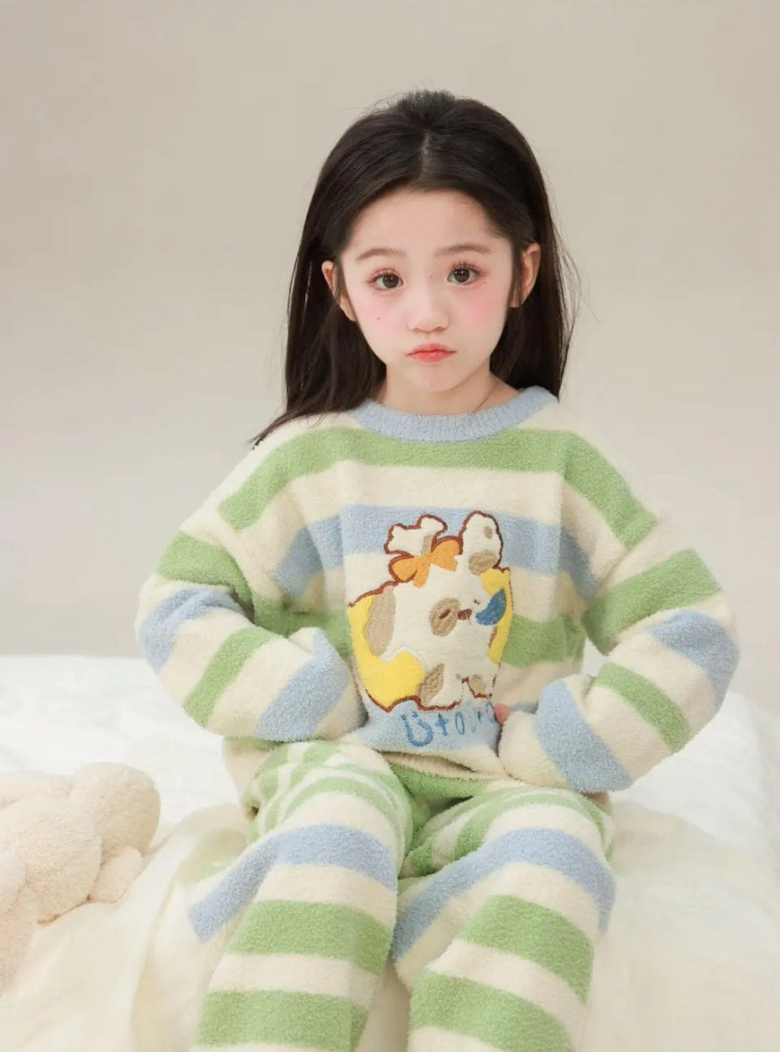 80-160cm ♥︎ 兒童棉軟搖粒絨條紋睡衣套裝|2 colors