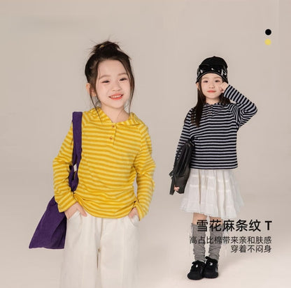 110-170cm 中大童雪花麻條紋連帽上衣｜百搭單品