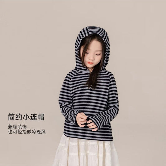110-170cm 中大童雪花麻條紋連帽上衣｜百搭單品