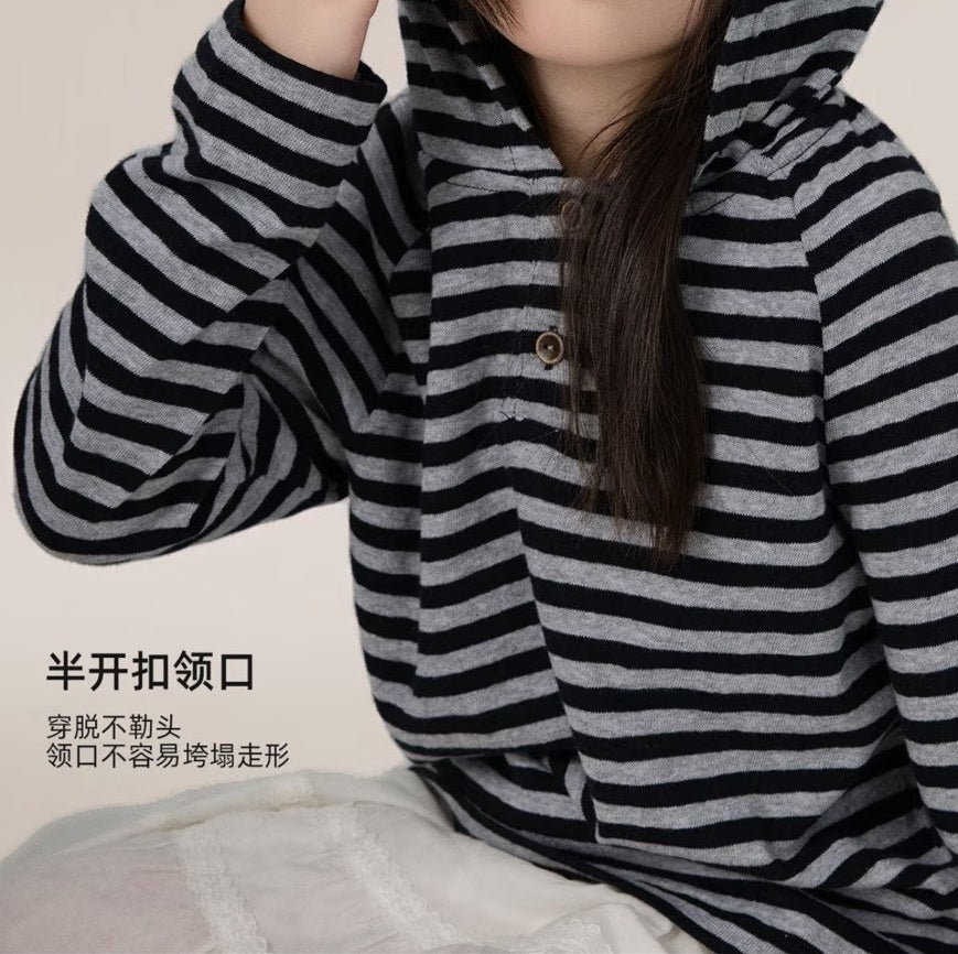 110-170cm 中大童雪花麻條紋連帽上衣｜百搭單品