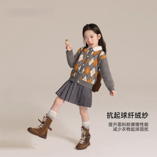 110-170cm親子裝 ｜女童學院風菱格紋針織毛衣外套｜百搭單品