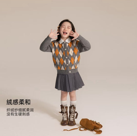 110-170cm親子裝 ｜女童學院風菱格紋針織毛衣外套｜百搭單品