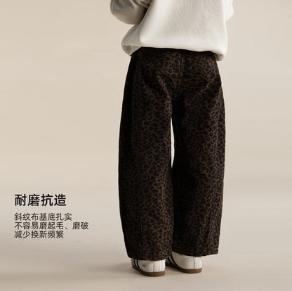 110-160cm 低調復古豹紋闊腿褲｜個性單品