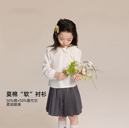 110-160cm女童長袖娃娃領白襯衫｜正式休閒皆可