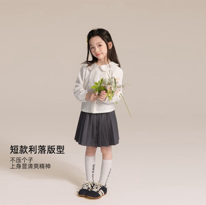110-160cm女童長袖娃娃領白襯衫｜正式休閒皆可