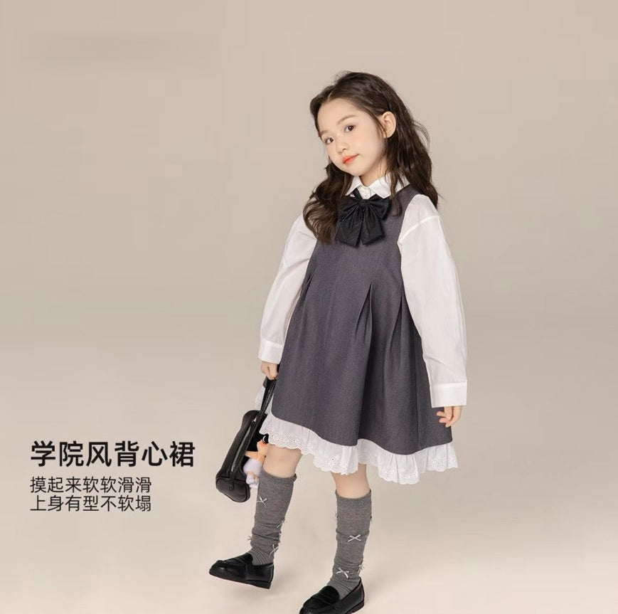 110-160cm女童灰色背心連身裙｜ 中大童無袖洋裝 A字壓褶 鋼琴發表會 畢業典禮｜正式穿搭正式穿搭