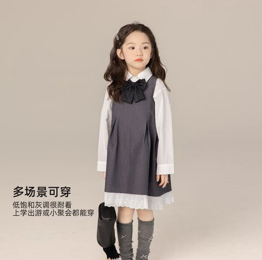 110-160cm女童灰色背心連身裙｜ 中大童無袖洋裝 A字壓褶 鋼琴發表會 畢業典禮｜正式穿搭正式穿搭