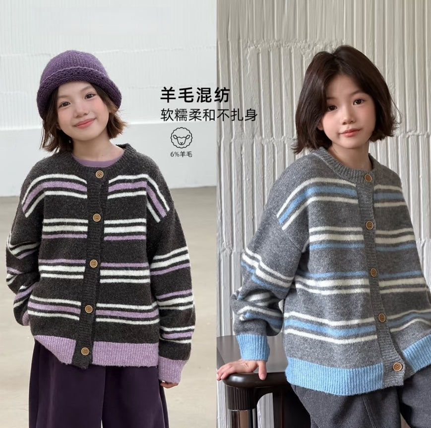 130-170cm中大童．親子裝｜兒童羊毛混紡條紋針織開衫外套｜羊麗絨科技