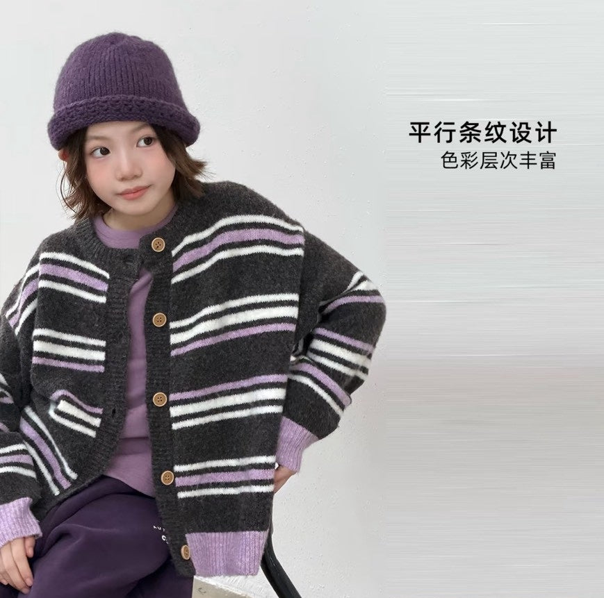 130-170cm中大童．親子裝｜兒童羊毛混紡條紋針織開衫外套｜羊麗絨科技