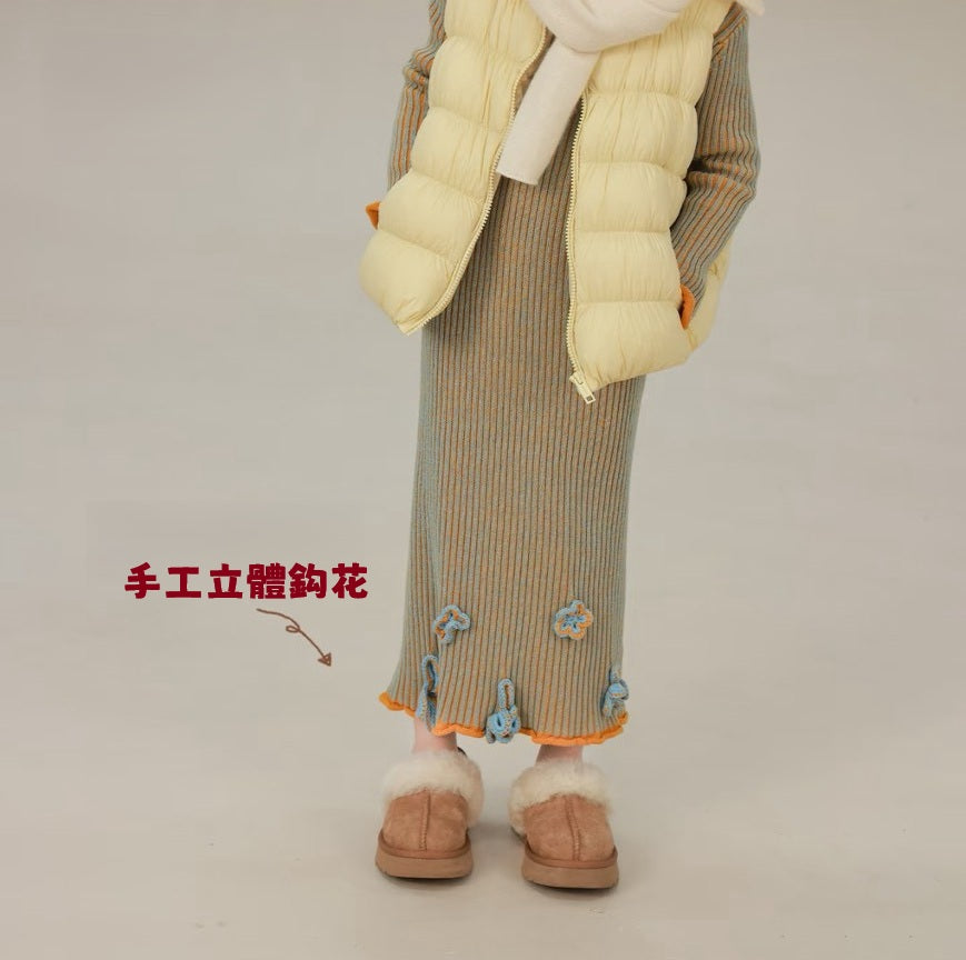 100-160cm ♥︎ 女童立體鈎花針織撞色連身裙