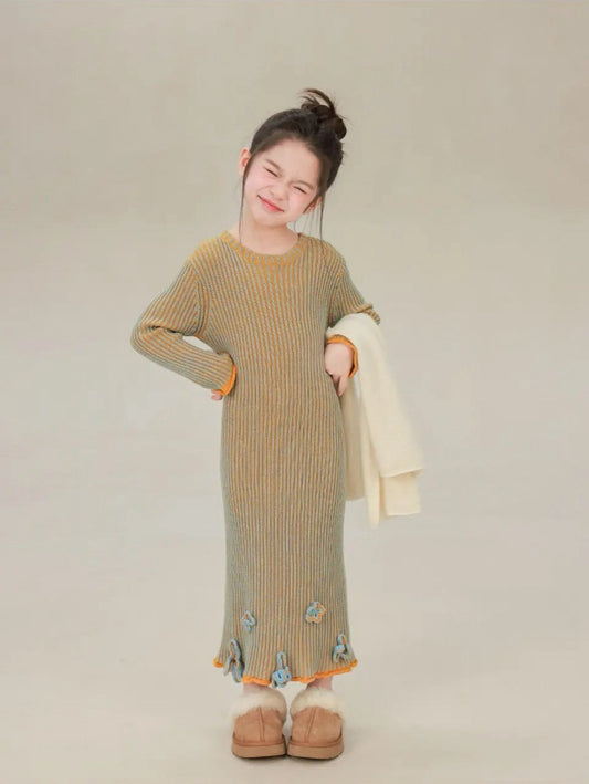 100-160cm ♥︎ 女童立體鈎花針織撞色連身裙
